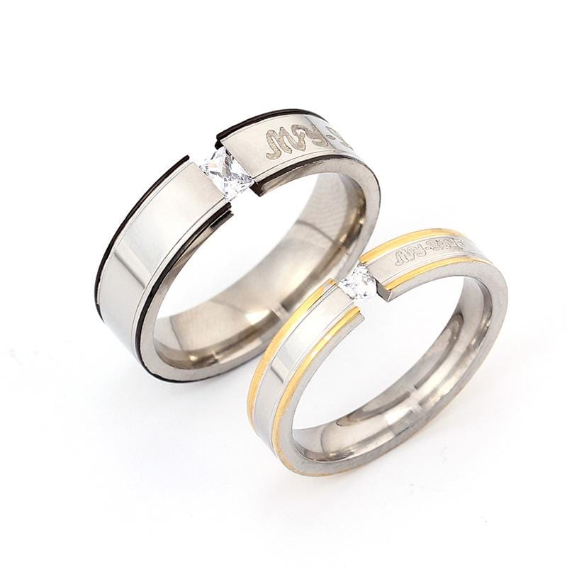 Couple's My Love Diamond Tension-Design Titanium Promise Ring with Black & Gold IP