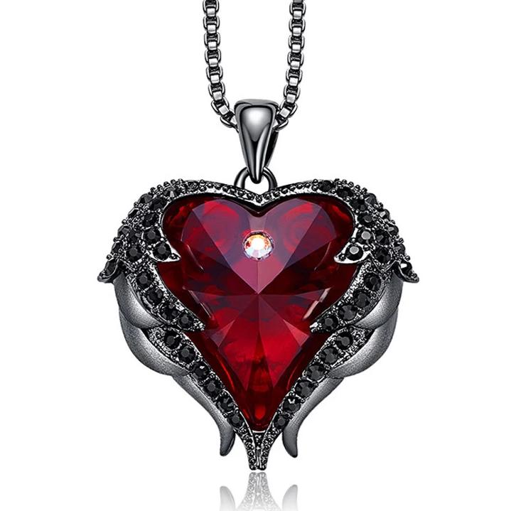 Red Crystal Heart and Black Wings Necklace