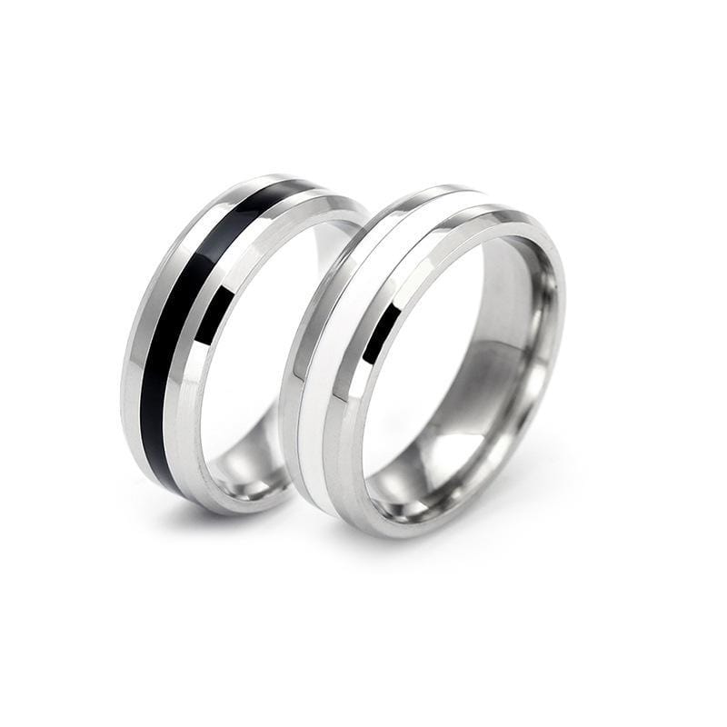 Couple's 6mm Black & White Enamel Titanium Promise Ring