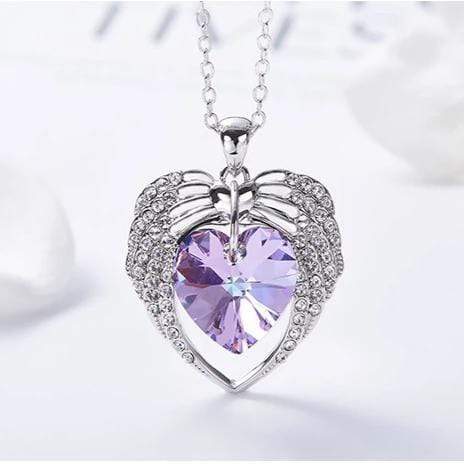 Purple Crystal Heart and Wings Necklace for Her