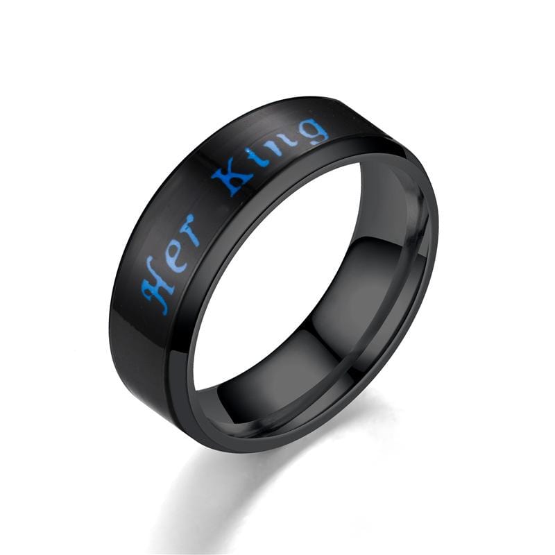 Couple's Her King His Queen Temperature Sensitive Promise Rings in Stainless Steel with Black IP
