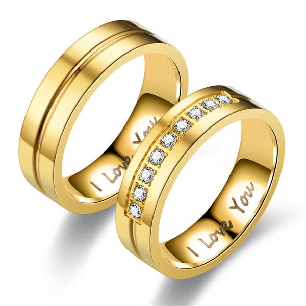 Couple's 6.0mm Engravable I LOVE YOU Promise Rings in Stainless Steel with Gold IP