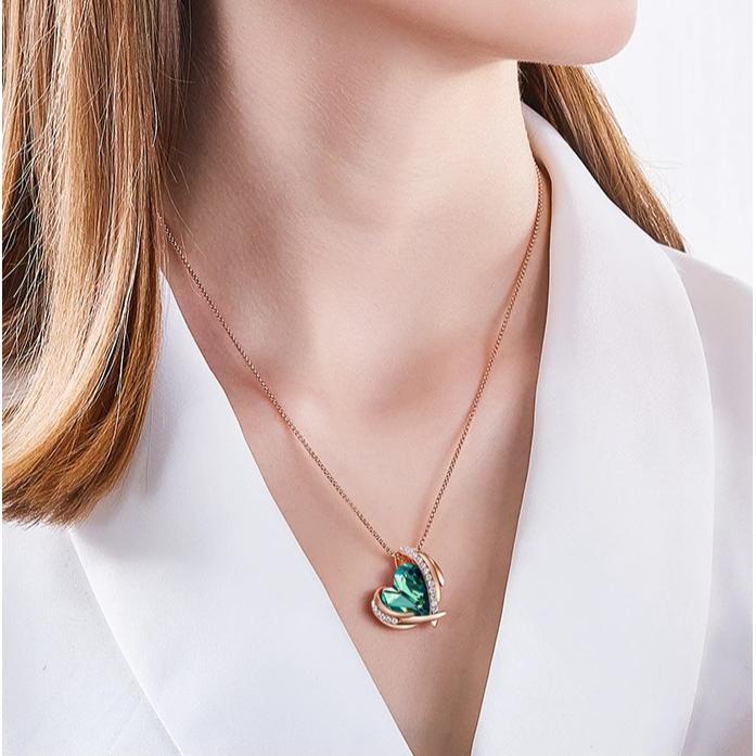 Emerald Green Crystal Heart and Wings Necklace