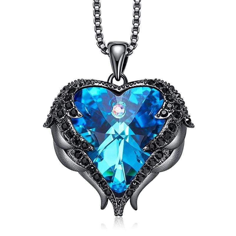 Blue Crystal Heart and Black Wings Necklace