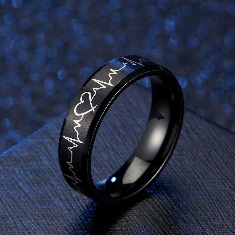 Couple's Engravable Heartbeats Promise Rings in Titanium with Black IP