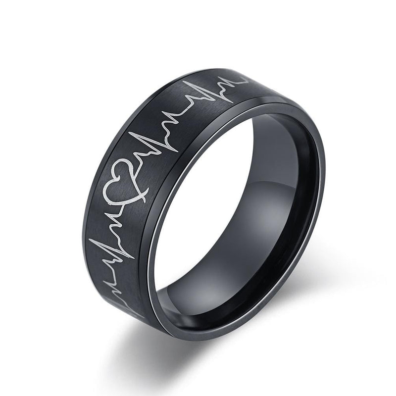 Couple's Engravable Heartbeats Promise Rings in Titanium with Black IP