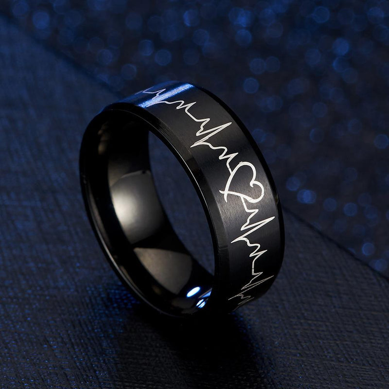Couple's Engravable Heartbeats Promise Rings in Titanium with Black IP