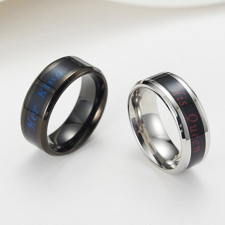 Couple's 8mm Her King His Queen Temperature Sensitive Promise Rings in Stainless Steel