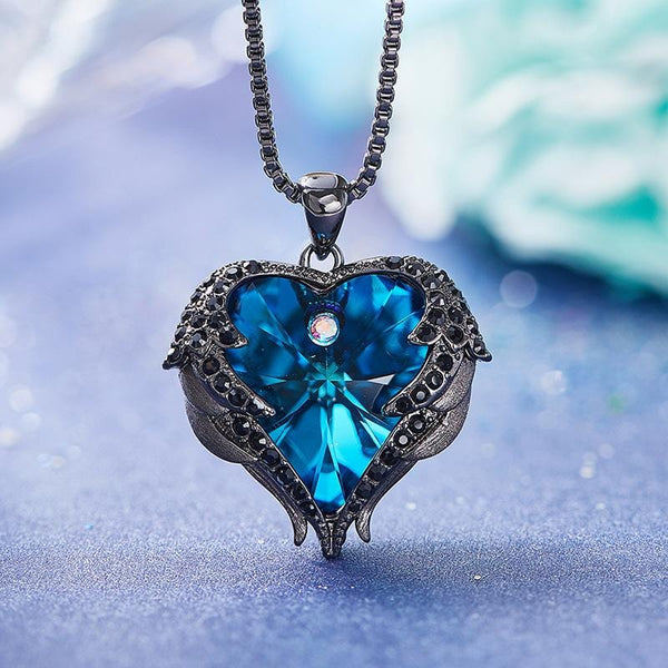 Blue Crystal Heart and Black Wings Necklace