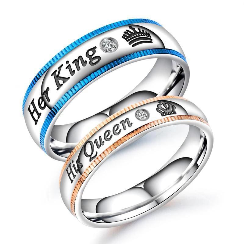 Her king His Queen Blue & Rose Gold Stainless Steel Promise Rings for Couples