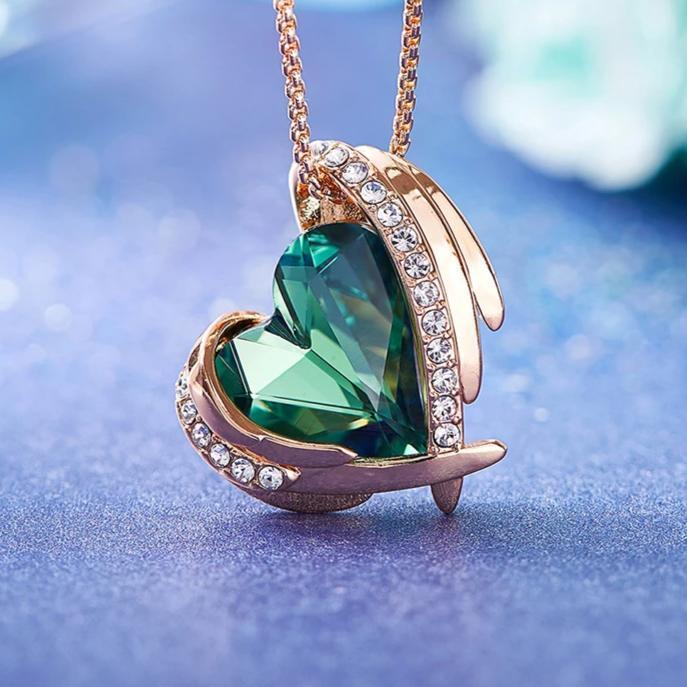Emerald Green Crystal Heart and Wings Necklace