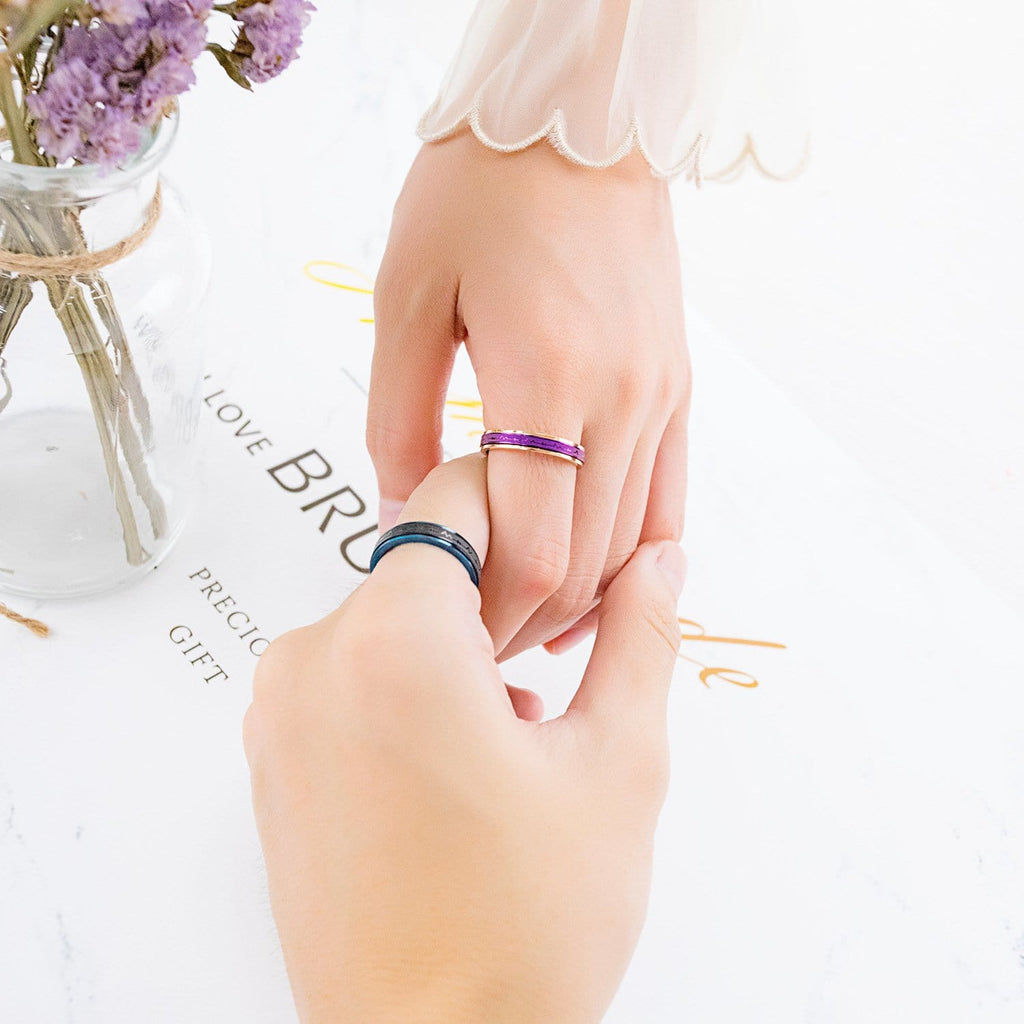 Unique Blue & Rose Gold Two-tone Black&Purple Heart Beats Promise Rings for Couples