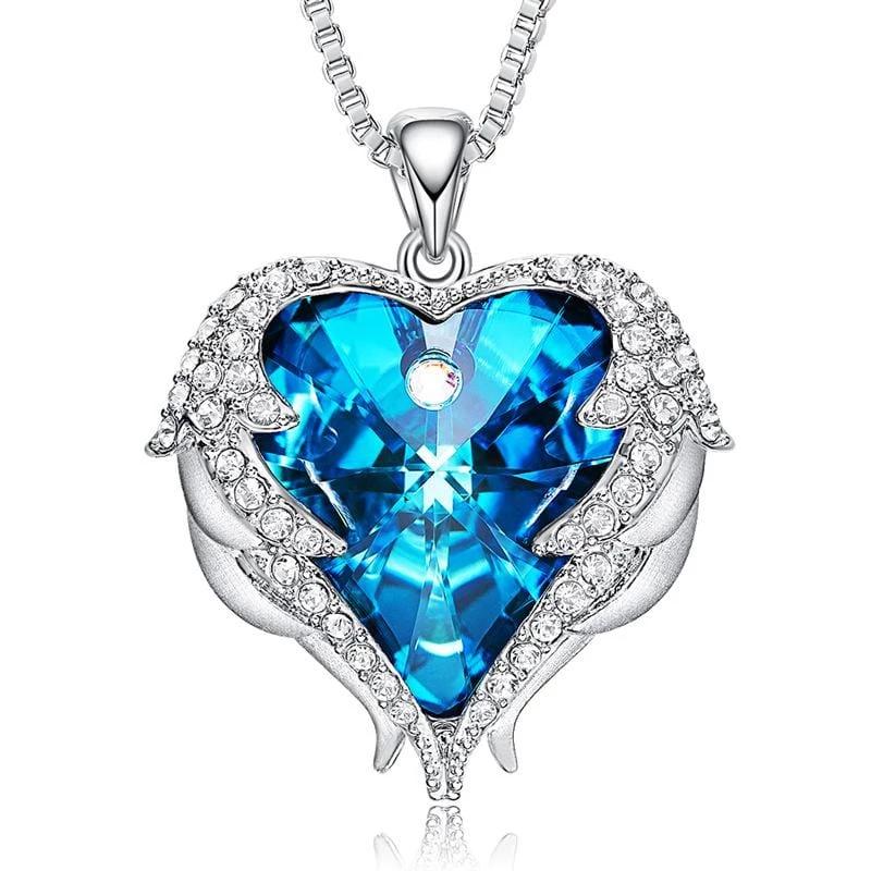 Blue Crystal Heart and Wings Necklace