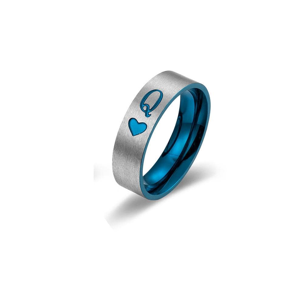Couple's Engraving King  & Queen Promise Rings in Titanium with Blue IP