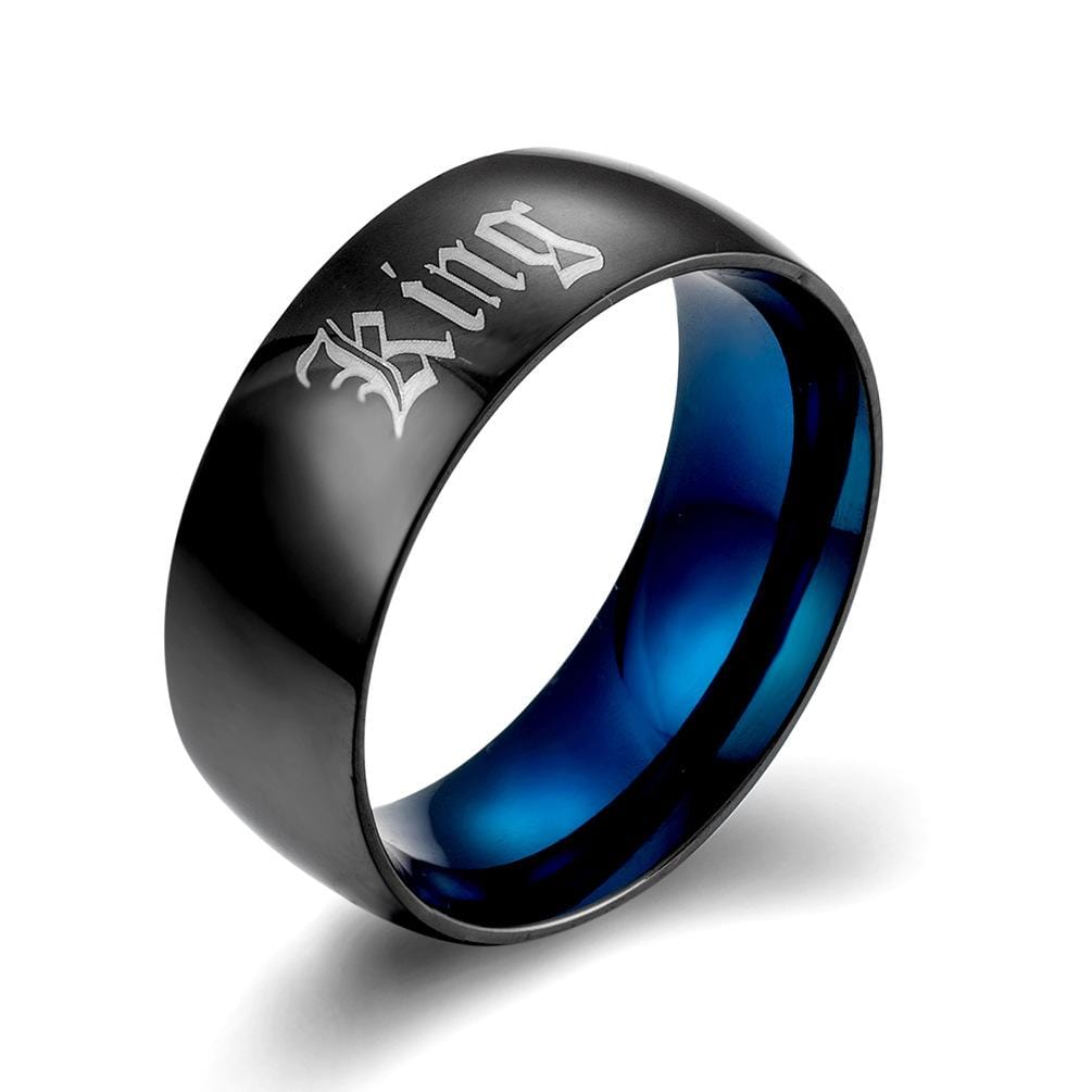 Couple's Engravable King & Queen Two-Tone Titanium Promise Rings in Black & Blue IP