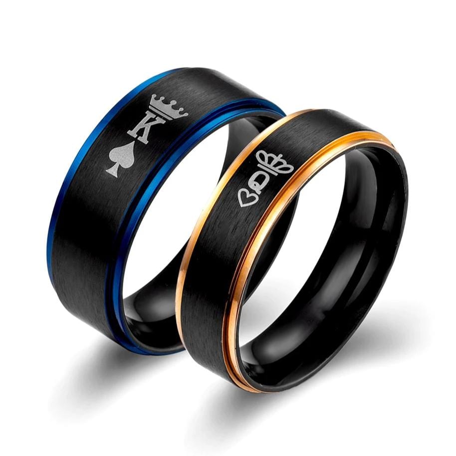 Couple's Engravable King and Queen Two-Tone Promise Ring in Titanium with Blue & Rose IP