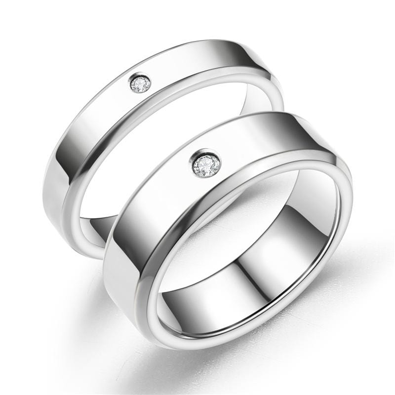 Couple's Enhanced White Diamond Accent Solitaire Engravable Promise Rings in Stainless Steel