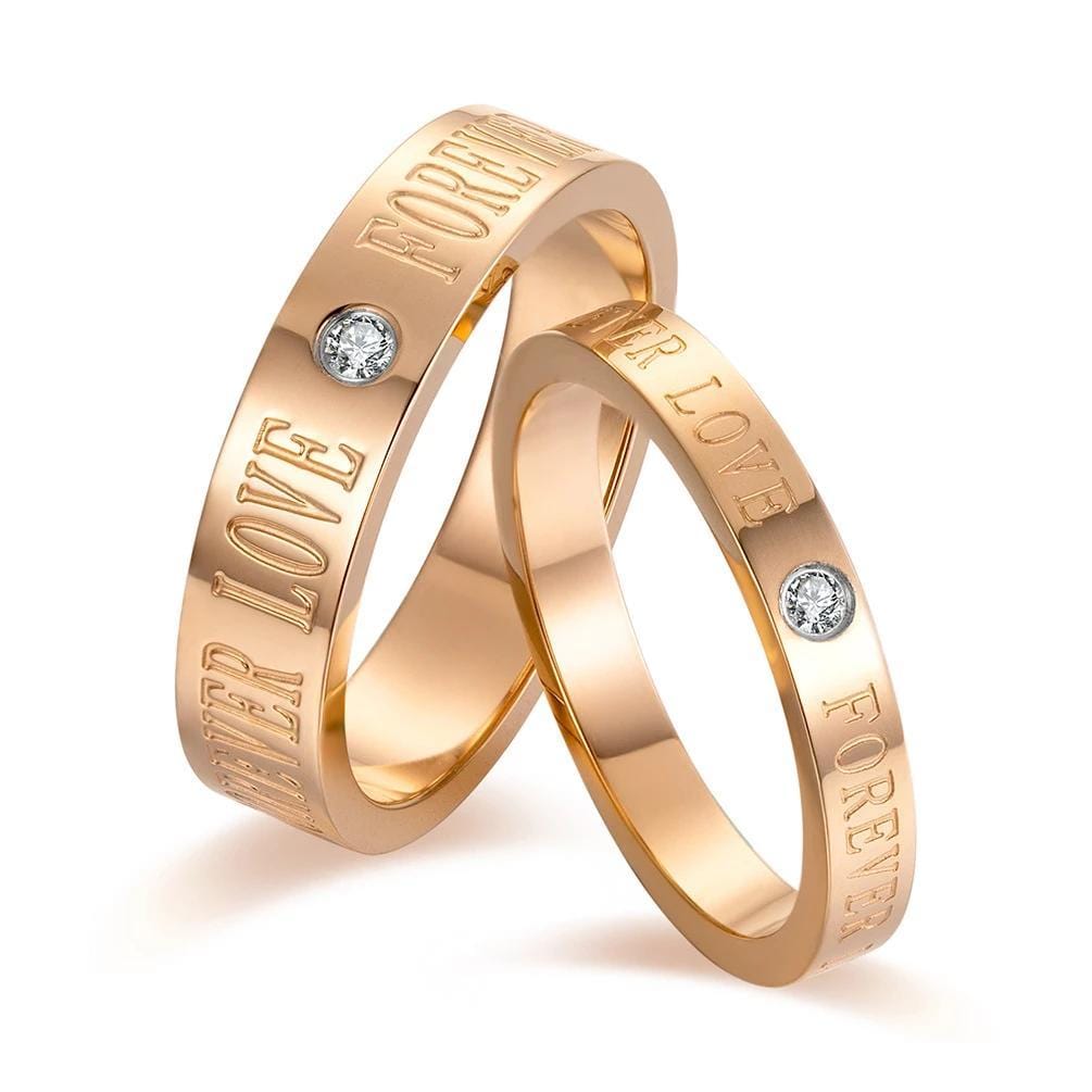 Couple's CZ Diamond Forever Love Engravable Titanium Promise Rings With Rose IP