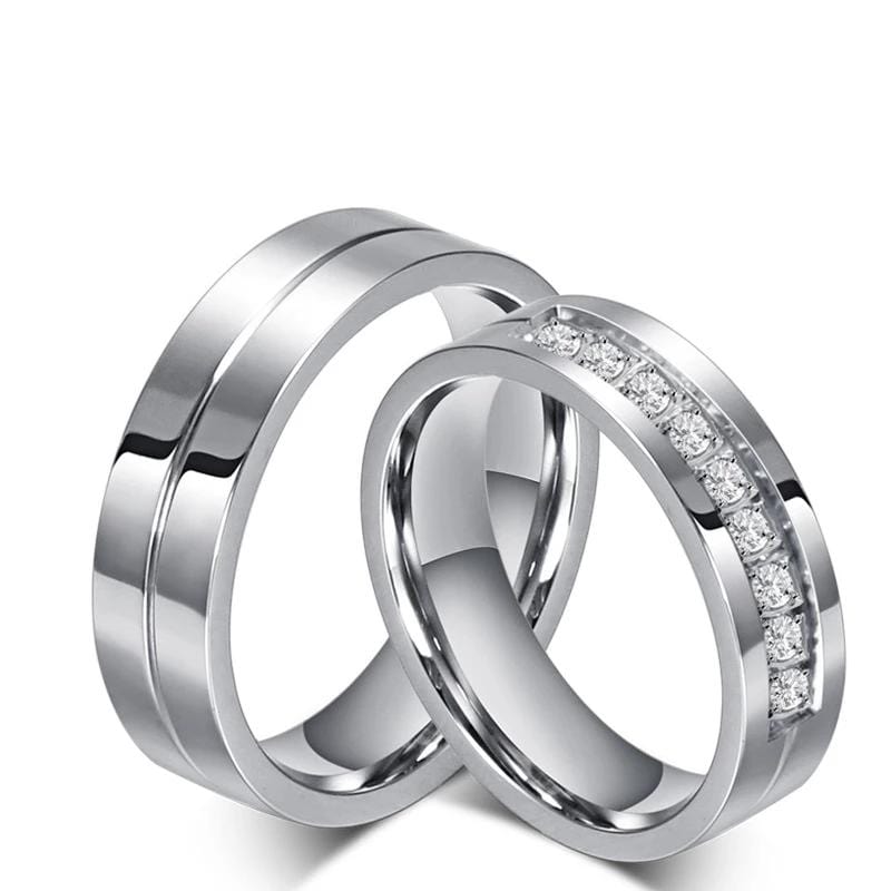 Couple's 6mm Engravable Diamond Row Promise Wedding Rings in Stainless Steel