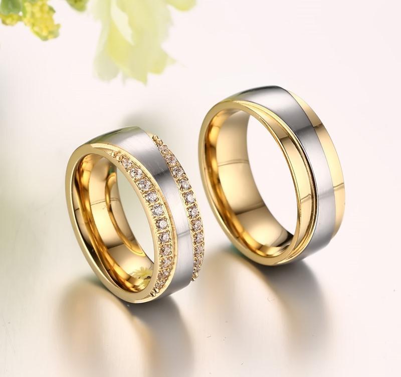 Round Cut Gemstones Yellow Gold and Silver Stainless Steel Promise Rings for Couples