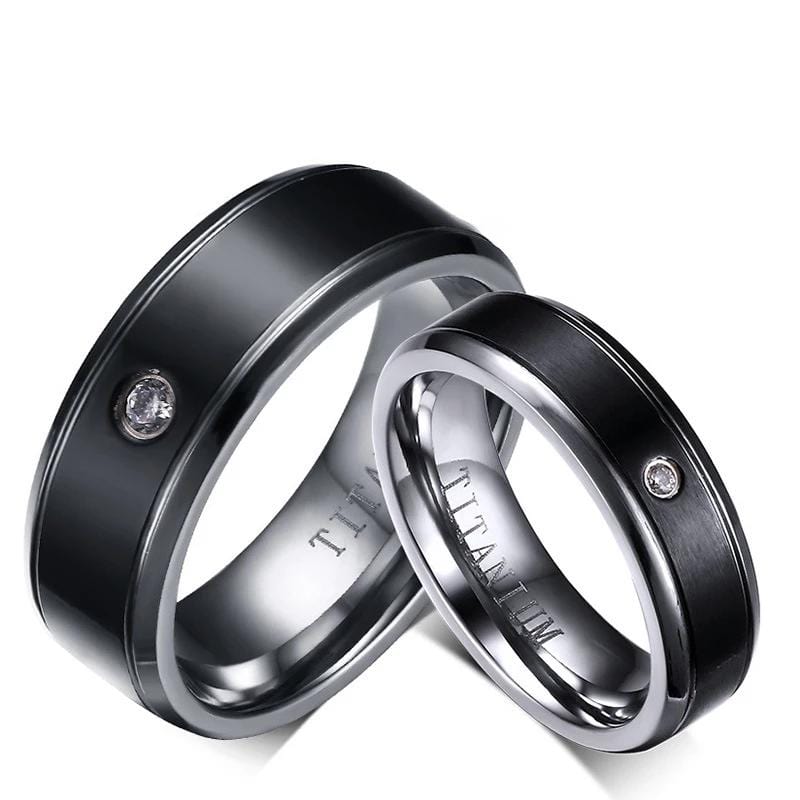 Black Titanium with Round Cut Gemstone Promise Rings for Couples