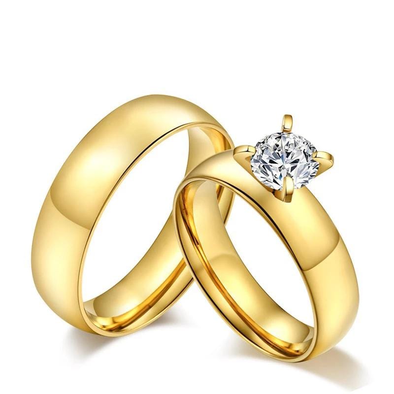 Couple's 6mm Engravable Promise Engagement Rings in Stainless Steel with Gold IP