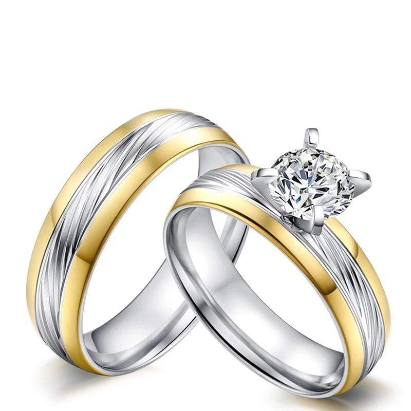 Round Cut Gemstone Yellow Gold Plated Stainless Steel Engagement Promise Rings for Couples