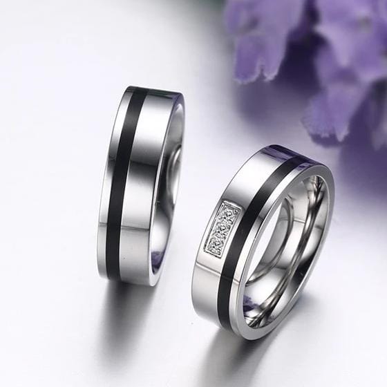 Black Enamel Round Cut Gemstones Promise Rings for Couples
