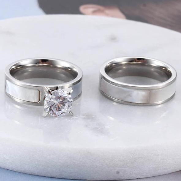 Couple's 6mm Engravable Titanium Promise Engagement Rings with White Shell Inlay