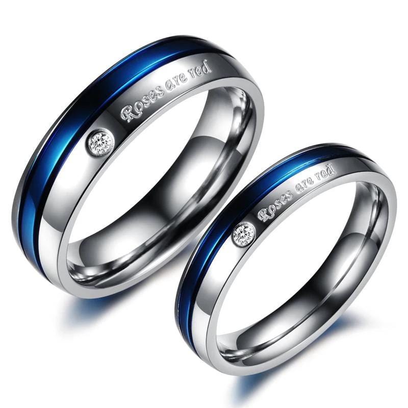 Roses and Red Crystal Diamond Blue Stainless Steel Couple Rings
