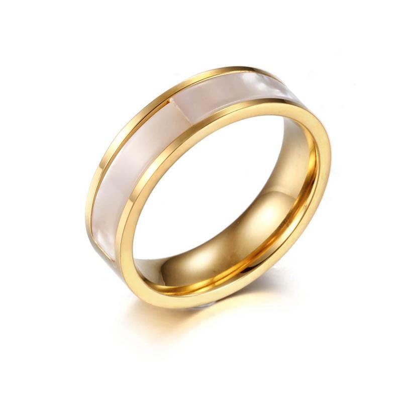 Couple's 6mm Engravable Titanium with Gold IP Promise Engagement Rings with White Shell Inlay