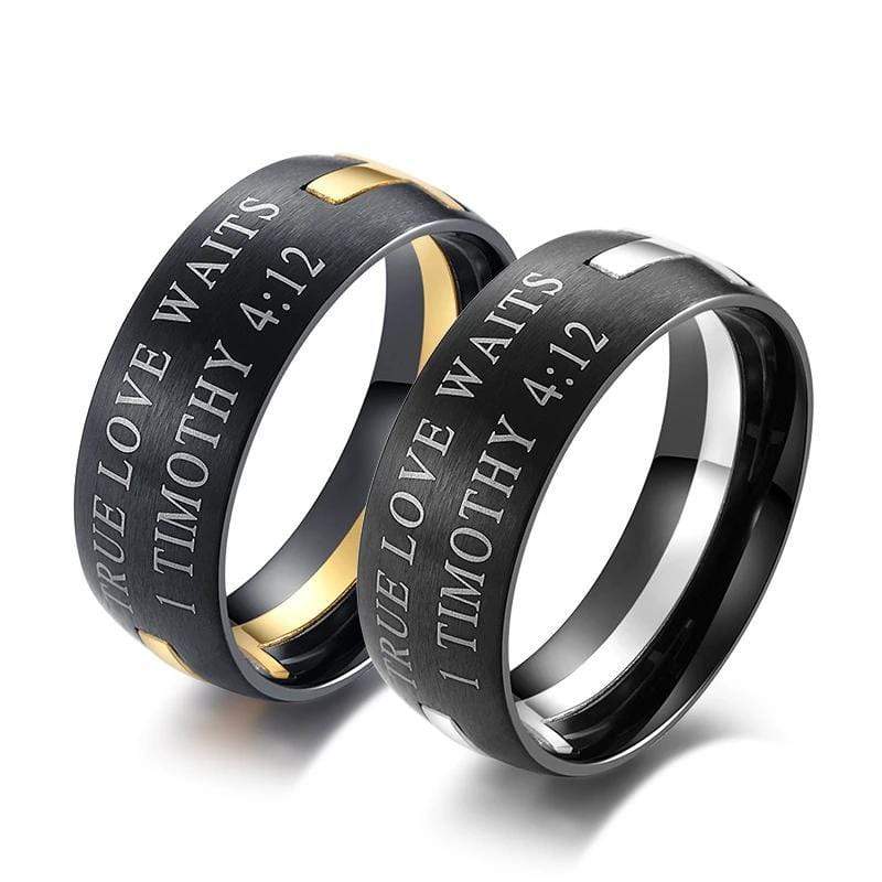 Couple's Removable Cross Titanium Two-Tone Promise Ring With Black IP
