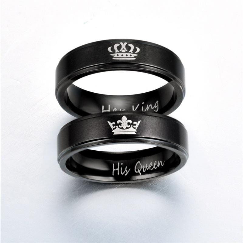 Couple's Her King His Queen Crown Titanium Promise Ring with Black IP
