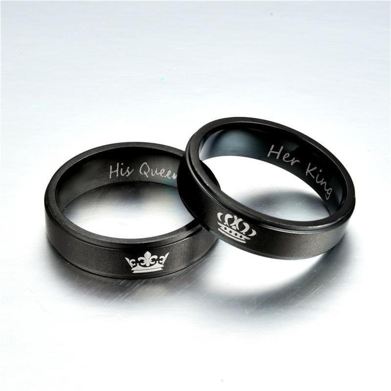 Couple's Her King His Queen Crown Titanium Promise Ring with Black IP