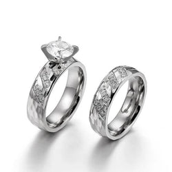 Couple's Round Diamond 6.0mm Hammered Promise Engagement Rings in Titanium