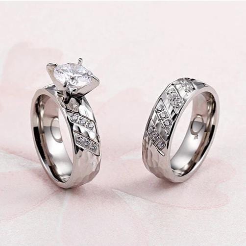 Couple's Round Diamond 6.0mm Hammered Promise Engagement Rings in Titanium
