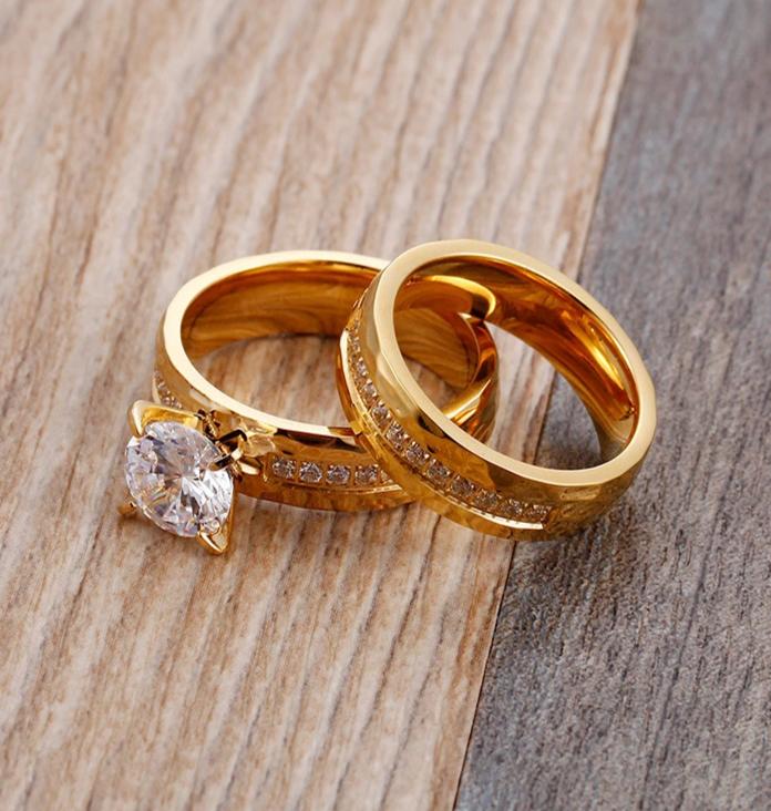 Couple's Round Diamond Hammered Promise Engagement Rings in Titanium with Gold IP