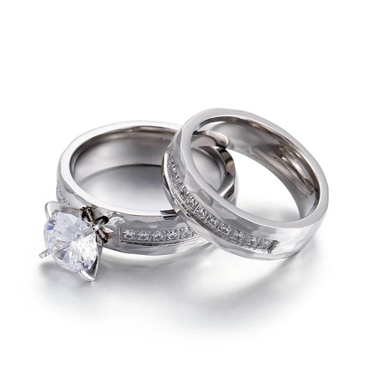 Couple's Round Diamond Hammered Promise Engagement Rings in Titanium
