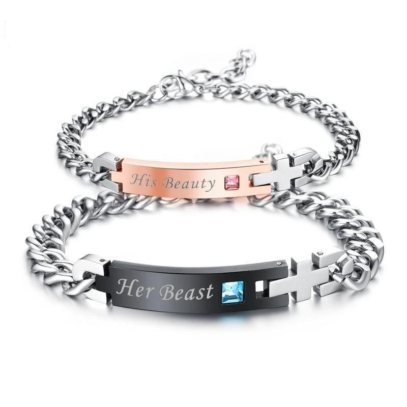 His Beauty Her Beast with Silver Cross Matching Bracelets for Couples