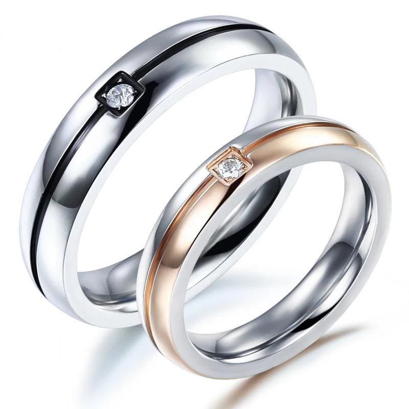 Elegant Black and Rose Gold Stainless Steel Couple Rings