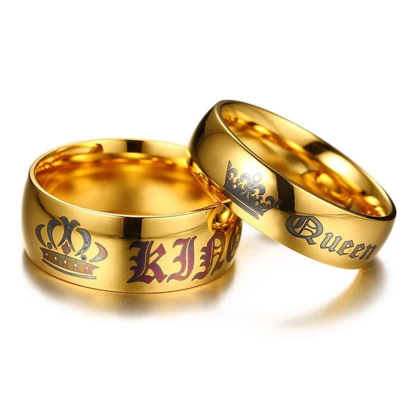 Queen and King Gold Plated Stainless Steel Couple Rings