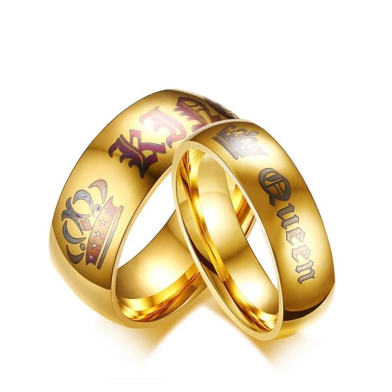 Queen and King Gold Plated Stainless Steel Couple Rings