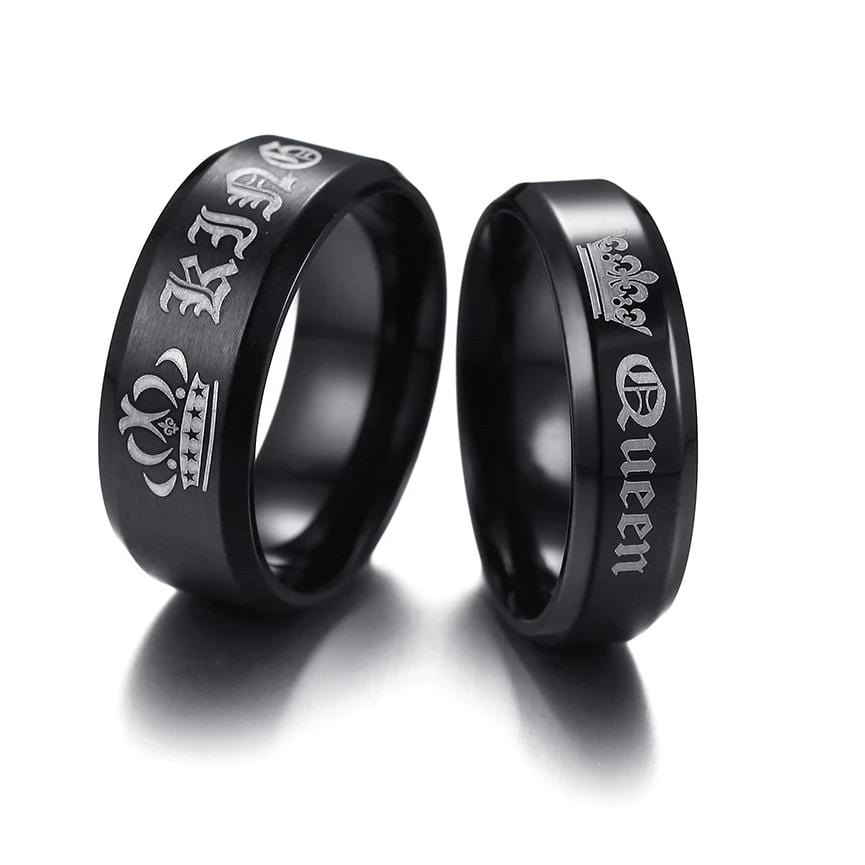 Queen and King Black Matte Finished Stainless Steel Couple Rings