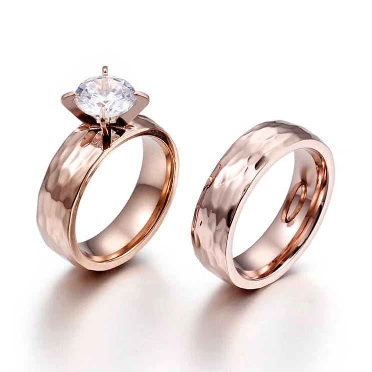 Couple's Round Diamond Hammered Promise Engagement Rings in Titanium with 8K Rose Gold IP