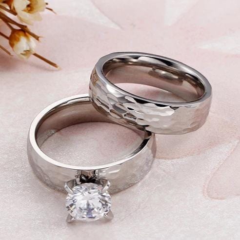 Couple's Round Diamond Hammered Promise Engagement Rings in Titanium