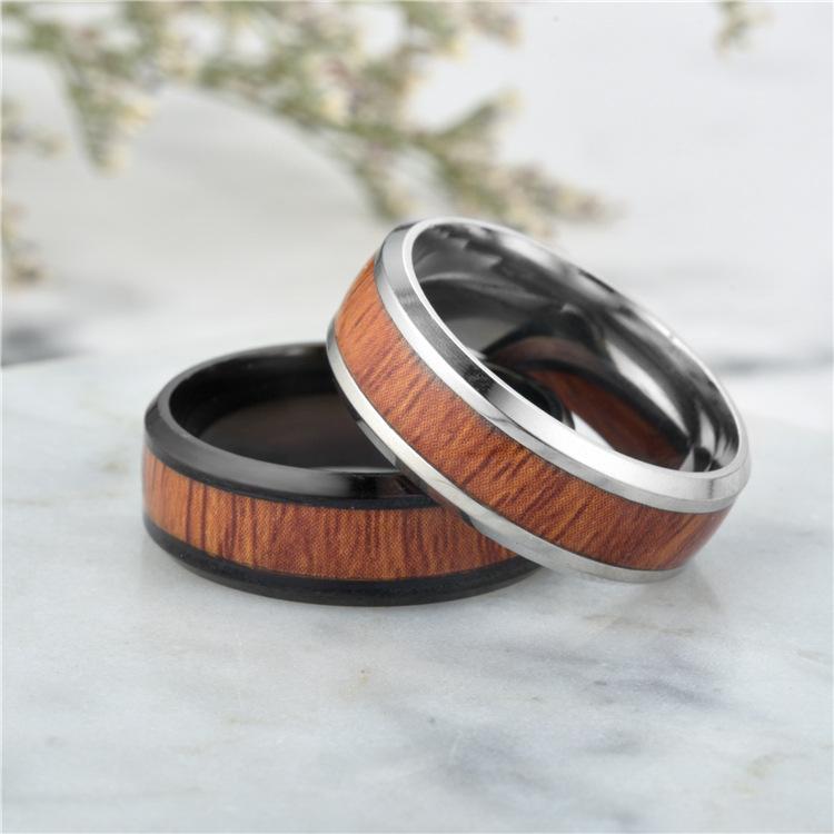 Couple's 8.0mm Black IP Stainless Steel Promise Rings with Zebrawood Inlay