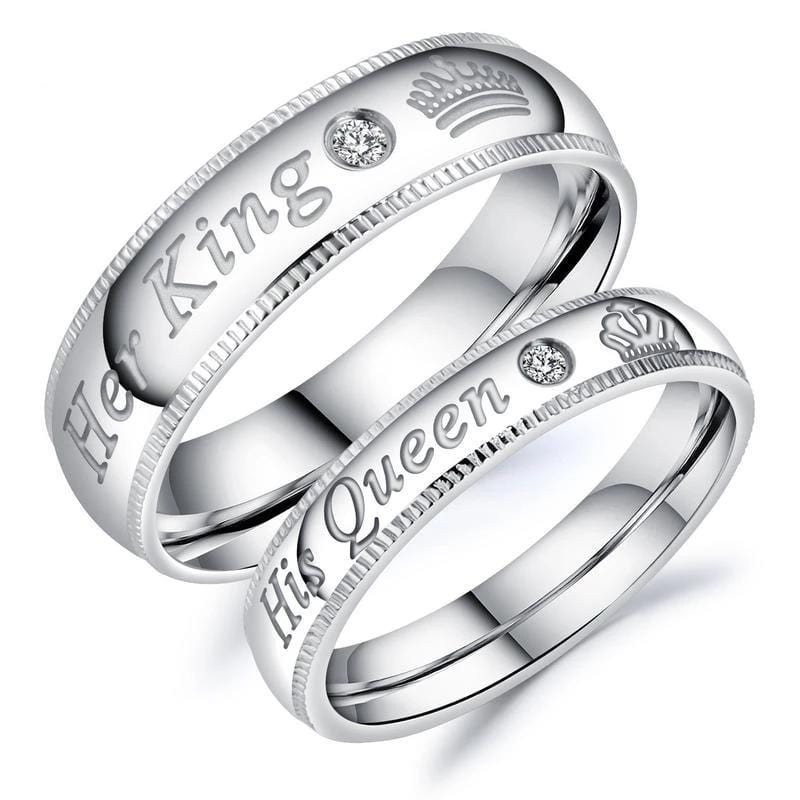 Her King His Queen Stainless Steel Cubic Zirconia Wedding Rings for Couple