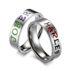 Couple's 6.0mm Engravable Multi-Color Enameled Joker & Harley Promise Rings in Stainless Steel