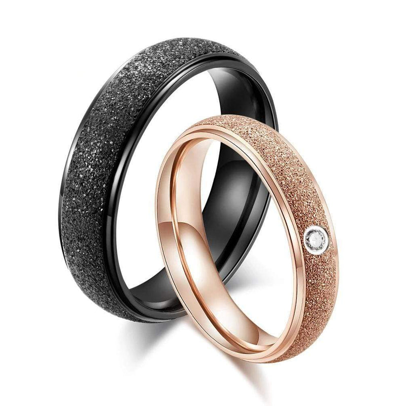 Couple's Frosted Polished Titanium Promise Ring with Rose & Black IP