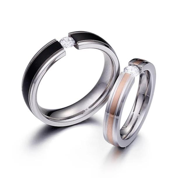 Couple's Tension Setting Round Diamond Promise Rings in Titanium with Black and Rose IP